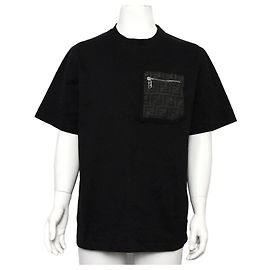 Fendi Camiseta de manga corta para hombre en jersey de algodón negro con logotipo FF y bolsillo