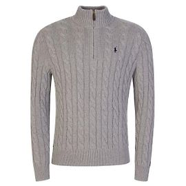 Ralph Lauren Zopfstrick-Pullover mit halbem Reißverschluss Grau