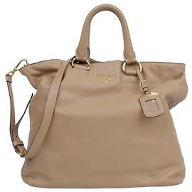 Prada Vitello Daino Metal Logo Tote Shoulder Bag Beige Gold