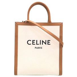 Céline Borsa Cabas Small Vertical Print Canvas Calfskin Natural Tan Crossbody Tote Bag