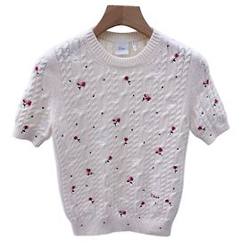 Dior Malha branca de manga curta com bordados de flores