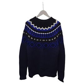 Moncler Strickpullover mit Stehkragen aus Leder, Logo und nordischem Muster in Navy Blau