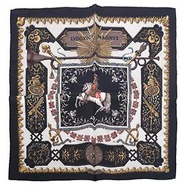 Hermès “Ludovicus Magnus” Seidentuch Gavroche 42 in Schwarz, Elfenbein & Gold Von Françoise De La Perrière