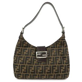 FENDI Borsa a spalla e a mano in pelle e tela Zucca Nero e Marrone 26569
