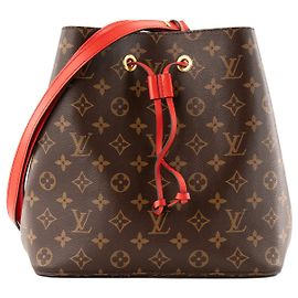 LOUIS VUITTON - Sac à bandoulière NéoNoé MM Louis Vuitton en toile enduite monogrammée marron et cuir rouge