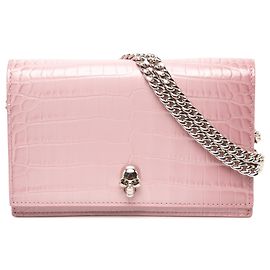 Alexander McQueen Borsa a tracolla Skull in pelle di vitello embossed coccodrillo Small Rosa