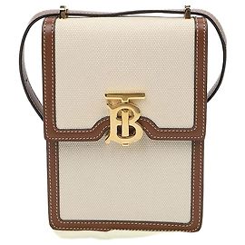Burberry Borsa a tracolla Robin in tela bianca e pelle marrone