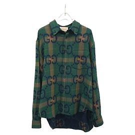 Gucci Jumbo GG Kariertes Wollhemd Grün Blau