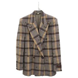 Gucci Embroidered Pattern Brown Check Double-Breasted Jacket