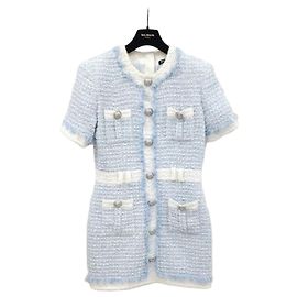 Balmain Vestido mini de tweed azul claro com botões