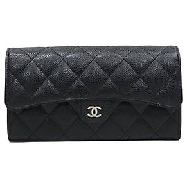 Chanel Classic Flap Snap Long Wallet Caviar Black Silver Tone
