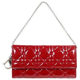 Dior Lady Patent Chain Pouch Cherry Red Silver Toned
