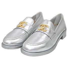 Chanel Metallic Silver Camellia Loafers