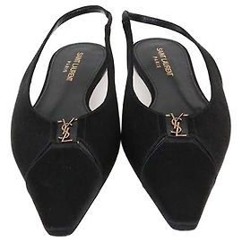 Autre Marque Saint Laurent Black Satin Babylone Slingback Flats