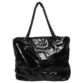 Chanel Black glazed leather pleated chain tote bag