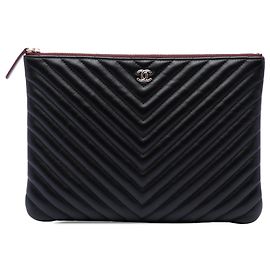 Chanel Black Medium CC Chevron Lambskin O Case Clutch