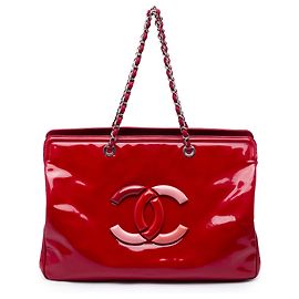 Chanel Red CC Patent Lipstick Ligne Tote Tasche