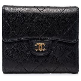 Chanel Black CC Quilted Caviar Trifold Geldbörse