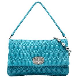 Borsa Satchel Miu Miu Blue Large Matelassé in Nappa e Cristalli