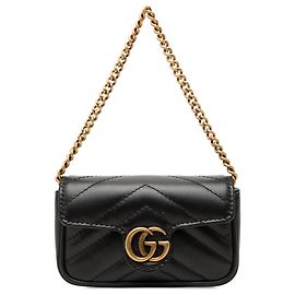 Portamonete con catena Gucci Black GG Marmont in pelle di vitello matelassé