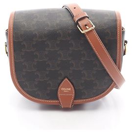 Céline Bolsa de Ombro Celine Folco Medium em Lona Revestida de PVC e Couro