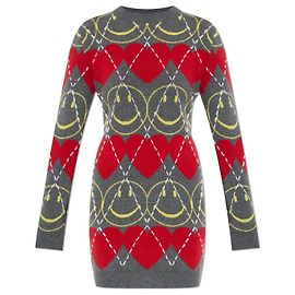 Abito corto Moschino x Smiley in lana grigia con motivo argyle