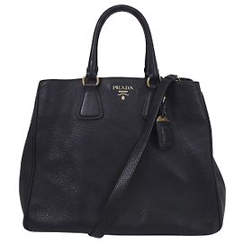 Prada Bolso Tote y de Hombro dos usos en piel de becerro Vitello Daino Negro Oro