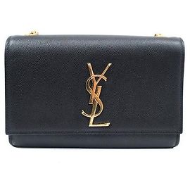 Autre Marque Borsa a tracolla con catena Small Kate Satchel in pelle testurizzata Grand De Poudre nera con monogramma classico tono oro