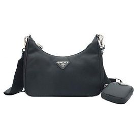 Prada Bolsa Hobo em nylon tom prateado com acabamento em couro Saffiano preto Reedition