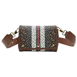 Burberry Picca borsa crossbody in pelle marrone ed E-Canvas a righe monogram