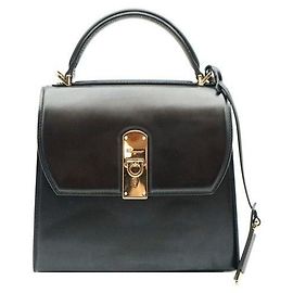 Salvatore Ferragamo Black Calfskin Gold-tone Gancini Boxy Medium