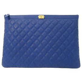 Chanel Caviar Blue Boy Gold CC Logo Stepp clutch Large Number