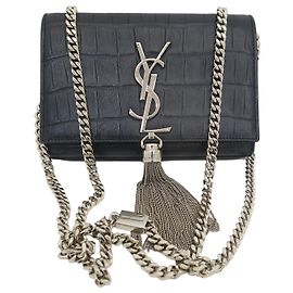 Autre Marque Black Matte Crocodile Silver Monogram Small Tassel Crossbody Bag
