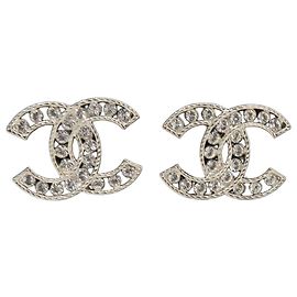 Chanel Pendientes Grandes con Logotipo Crystal Silver
