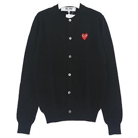 Comme Des Garcons Unisex Cardigan aus Wolle mit Rundhalsausschnitt und Rotem Herz-Patch-Logo AX