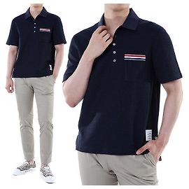 Thom Browne T-shirt de lin e algodão com gola PK e detalhes às riscas (Navy)