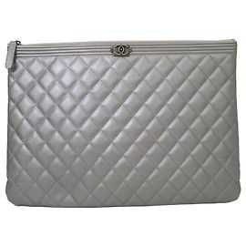 Chanel Caviar Silver Boy Clutch Large Series