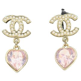 Chanel Heart Gold Herzohrringe in Rosa mit Perlen und Strass