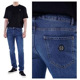 Philipp Plein Jeans Vintage Wash com patch de logo em borracha branca (Corte Super Straight)