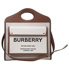 Burberry Tote Medium Pocket in Tela Bicolore e Pelle Natural Malt Brown