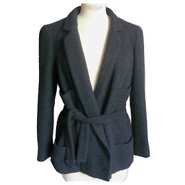 Chanel Marineblau Tweed-Jacke doppeltgeknöpft mit Gürtel