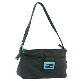 FENDI Mamma Baguette Shoulder Bag Cotton Khaki Silver Auth 209214 - Jerrillo