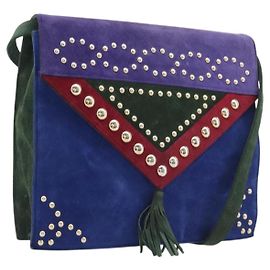 Autre Marque Saint Laurent Studs Shoulder Bag Suede Blue Gold Tone Auth BA16851 - Jerrillo