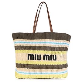 Miu Miu Borsa tote media in crochet di rafia a righe verde, beige e nero