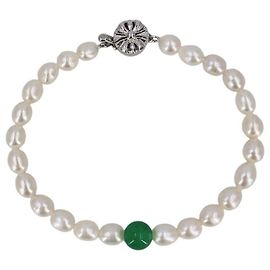 Autre Marque Bracciale in perle d'acqua dolce Vintage White 7mm e vetro giada verde 20cm