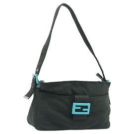FENDI Mamma Baguette Shoulder Bag Cotton Khaki Silver