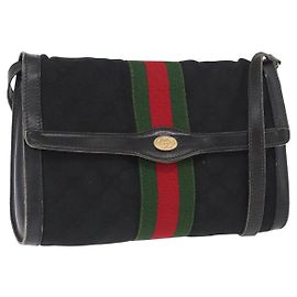 GUCCI GG Canvas Web Sherry Line Shoulder Bag Black Red Green