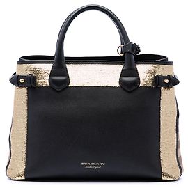 Borsa Satchel Banner Burberry in pelle nera e paillettes House Check, taglia Medium