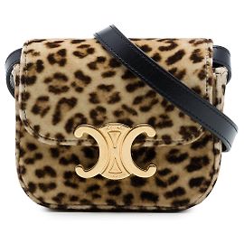 Céline Celine Mini Borsa a Tracolla Triomphe in Velluto con Stampa Leopardata Marrone
