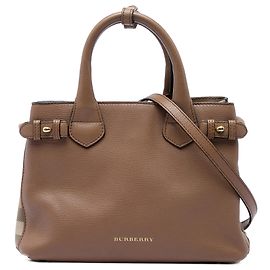 Borsa Satchel Burberry Brown Small in pelle di vitello granulata e House Check Banner
